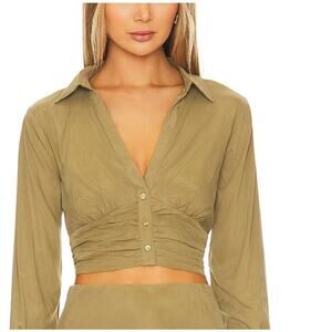 SOVERE Olive Ruched Crop Top XS Button Up Y2K Long Sleeve Plunging $169 NEW